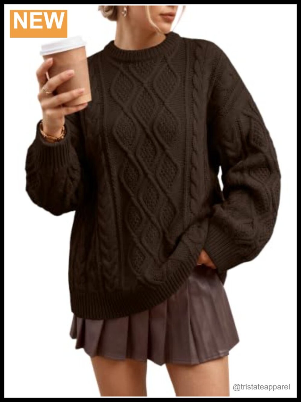 Women's Oversized Cable Knit Cotton Sweater Crew Neck Pullover